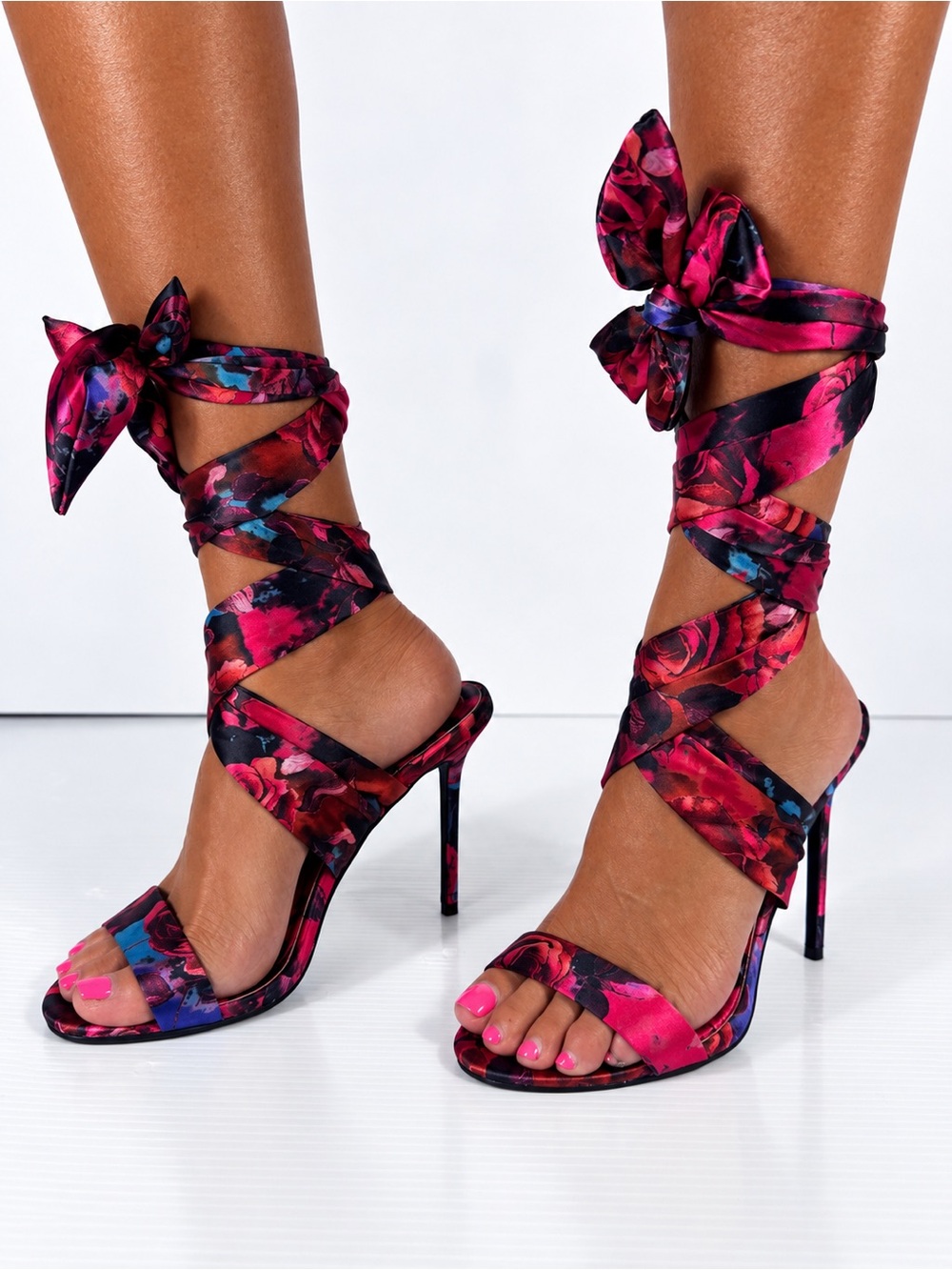 AKIRA ELZON Red Multi Floral Lace-Up Stiletto Heels Sandals